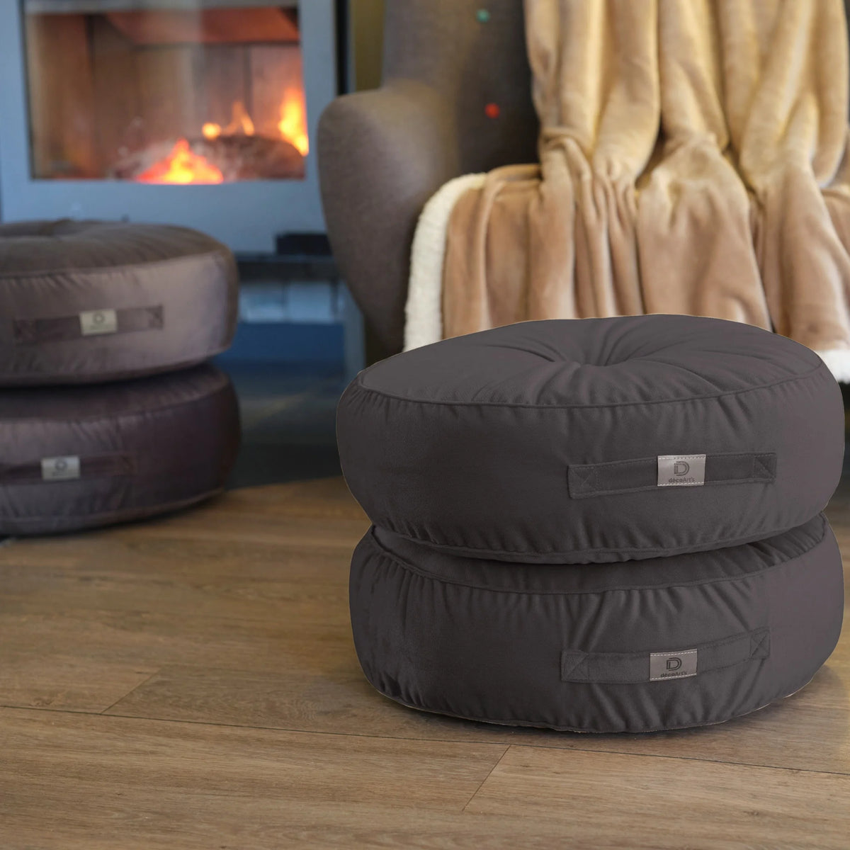 Lot de 2 Poufs Ronds Velours Ø50 Gris Foncé – (Design Doux & Poignée)