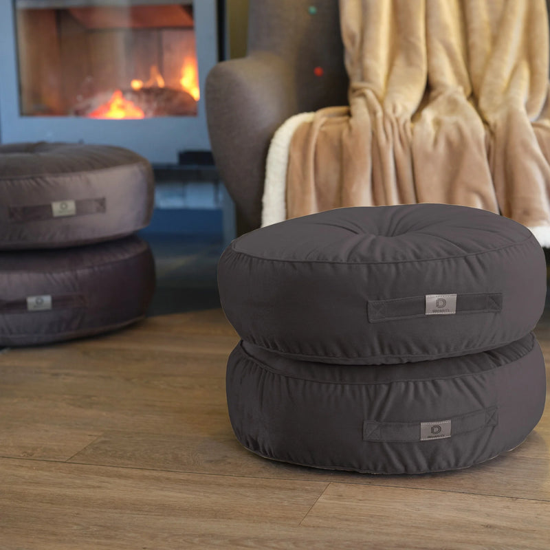 Lot de 2 Poufs Ronds Velours Ø50 Gris Foncé - (Design Doux & Poignée)