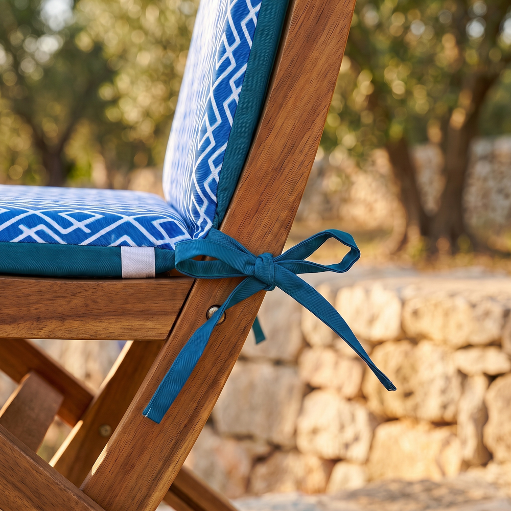 High-back chair cushion, Green Geometric Pattern – tie knotted to the chair upright
