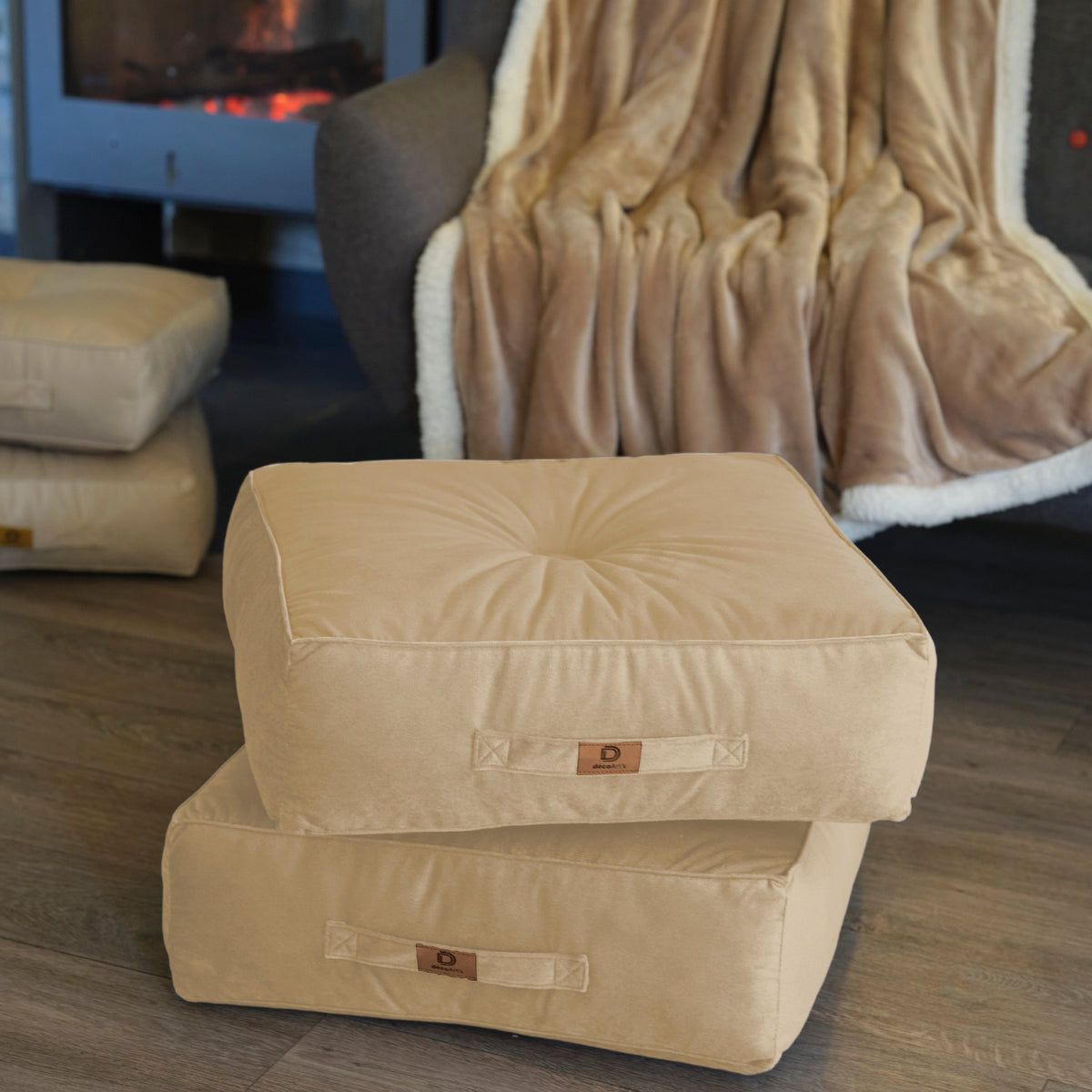 Set of 2 XL Velvet Poufs 54x54 Cream – Thick 18cm (Supreme Comfort)