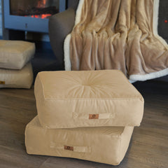 Lot de 2 Poufs Velours XL 54x54 Crème - Épais 18cm (Grand Confort)
