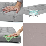 Ensemble de 3 coussins capitonnés gris galet pour banquette, épais 15cm, 1 assise et 2 dossiers, pour fauteuils et canapés.