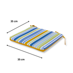 Set de 4 galettes de chaise 35x35 cm avec motif rayures solaires, confortables avec attaches pour fauteuils et canapés.