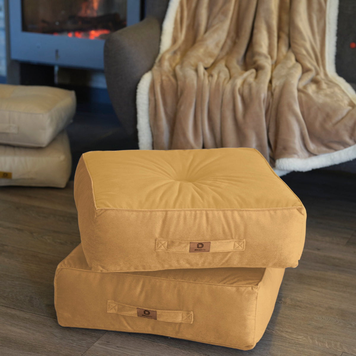 Set of 2 XL Velvet Poufs 54x54 Beige – Thick 18cm (Supreme Comfort)