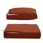 Ensemble de coussins de salon jardin terracotta 50x50, déhoussables et anti-UV pour fauteuils et canapés.