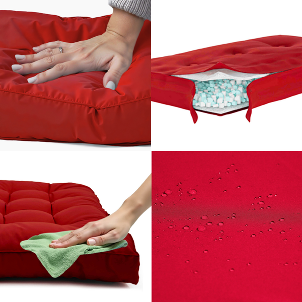 Coussins capitonnés rouges 60x60 cm épais 15 cm pour fauteuils et canapés, offrant confort et style.