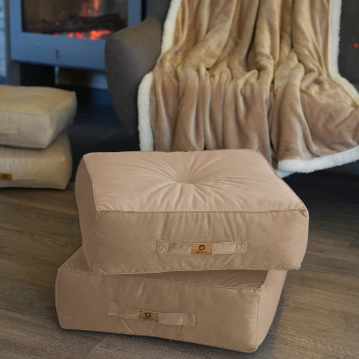 Lot de 2 Poufs Velours XL 54x54 Gris Clair – Épais 18cm (Grand Confort)
