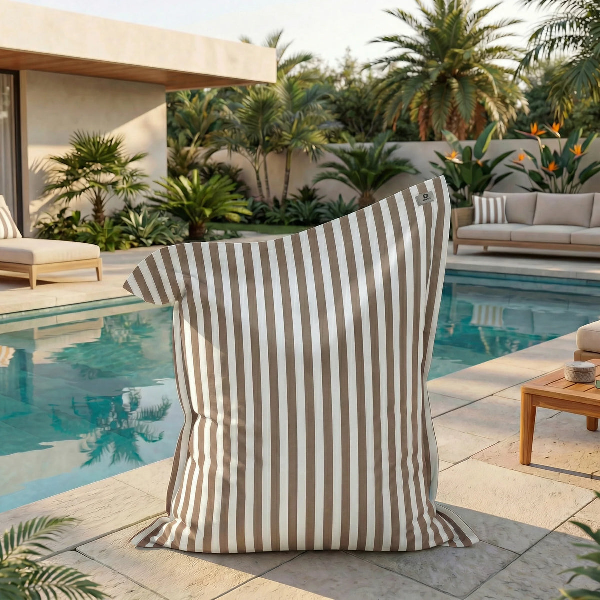 Housse pour Pouf Géant XXL 180x140 Rayure Beige – Déhoussable & Anti-UV (Intérieur / Extérieur)