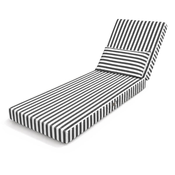 Premium ligstoeloplegkussen 190x60 Donkergrijze strepen - Dik 10cm & Hoofdsteun (Afneembaar)