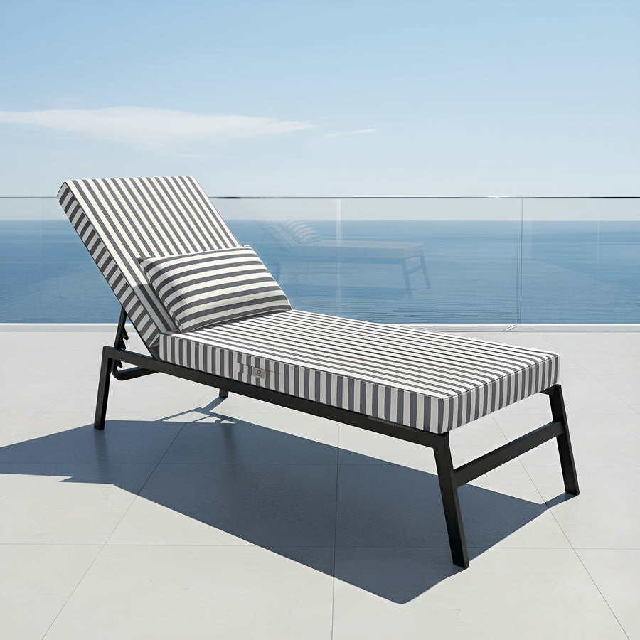 Matelas transat en bain de soleil gris foncé, 190x60 cm, épais 10 cm avec têtière déhoussable, pour détente confortable