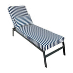 Matelas transat premium 190x60 cm, rayures bleu marine, épais 10 cm, têtière, déhoussable pour bain de soleil.