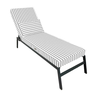 Matelas transat premium gris clair pour bains de soleil, épais 10cm avec têtière déhoussable, design rayé.