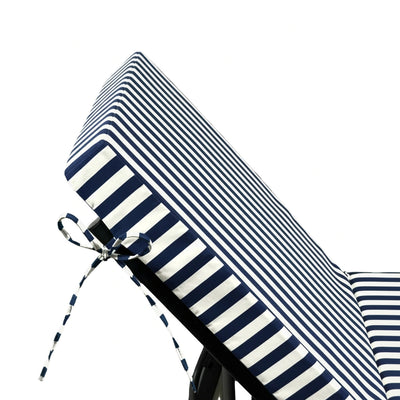 Matelas transat premium 190x60 cm en rayures bleu marine, épais 10 cm avec têtière, déhoussable pour bains de soleil.