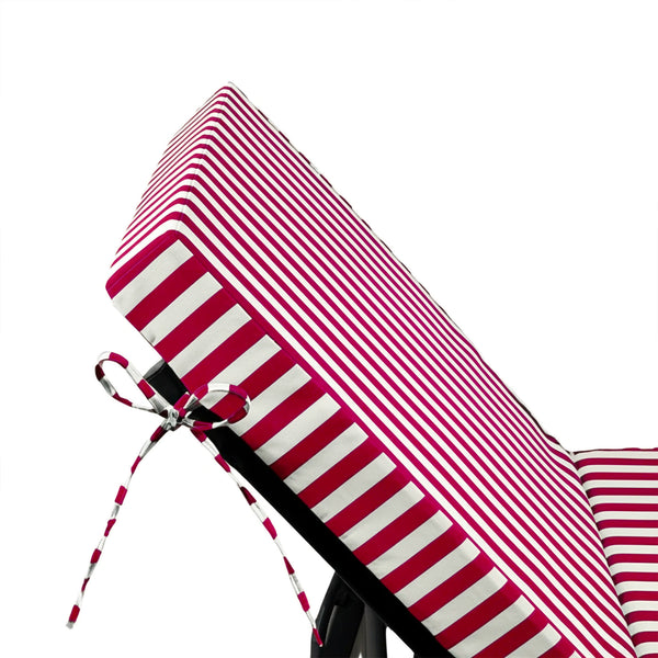 Matelas transat premium 190x60 cm rayé rouge pour bain de soleil, épais 10 cm avec têtière déhoussable, par Deco-arts.fr