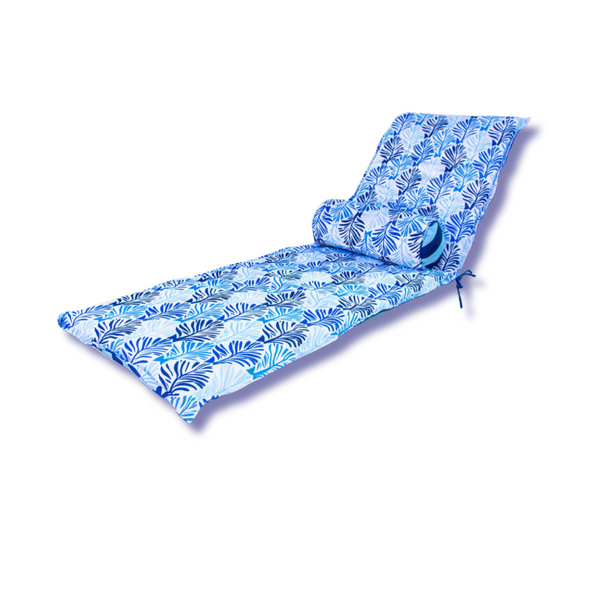 Matelas transat 195x60 cm motif feuillage bleu avec traversin, bain de soleil anti-UV et déperlant, pour détente extérieure