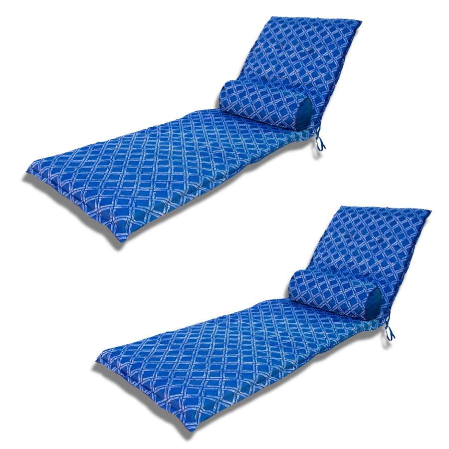 Set van 2 ligstoel kussens 195x60 Motif Nautique Blauw + 2 Nekrollen, UV-bestendige, waterafstotende stof