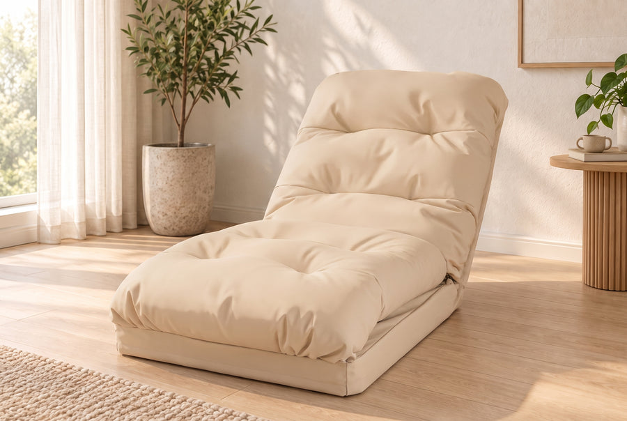 Poltrona de Chão Convertível Bege - 3 em 1 (Cama 210x60) & Encosto Regulável