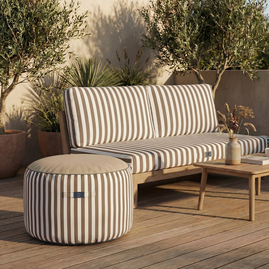 Pouf Rond Rayure Beige, imperméable