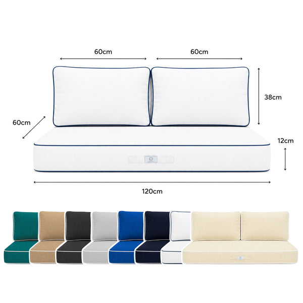Conjunto de Almofadas Premium 120x60 Branco - 1 Assento + 2 Encostos (Espesso 12cm & Passepoil)