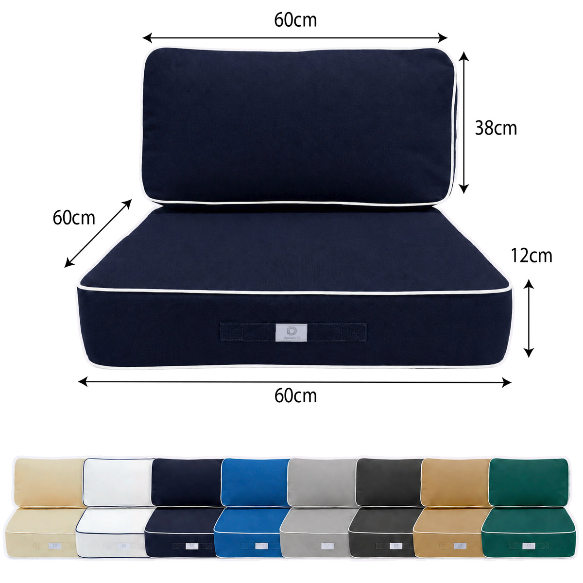 Premium-Kissen-Set 60x60 Marineblau - Dick 12cm & Paspelverarbeitung – Maßzeichnung