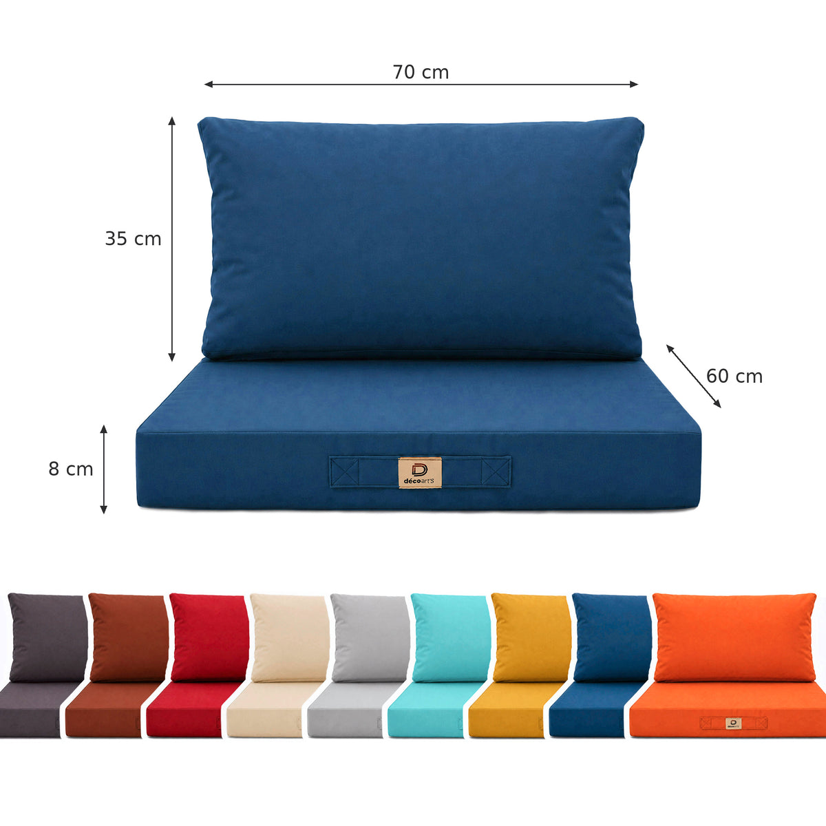 Tuinlounge kussenset 60x70 Petroleumblauw - Afneembaar & UV-bestendig (Zitting + Rugleuning) – maattekening