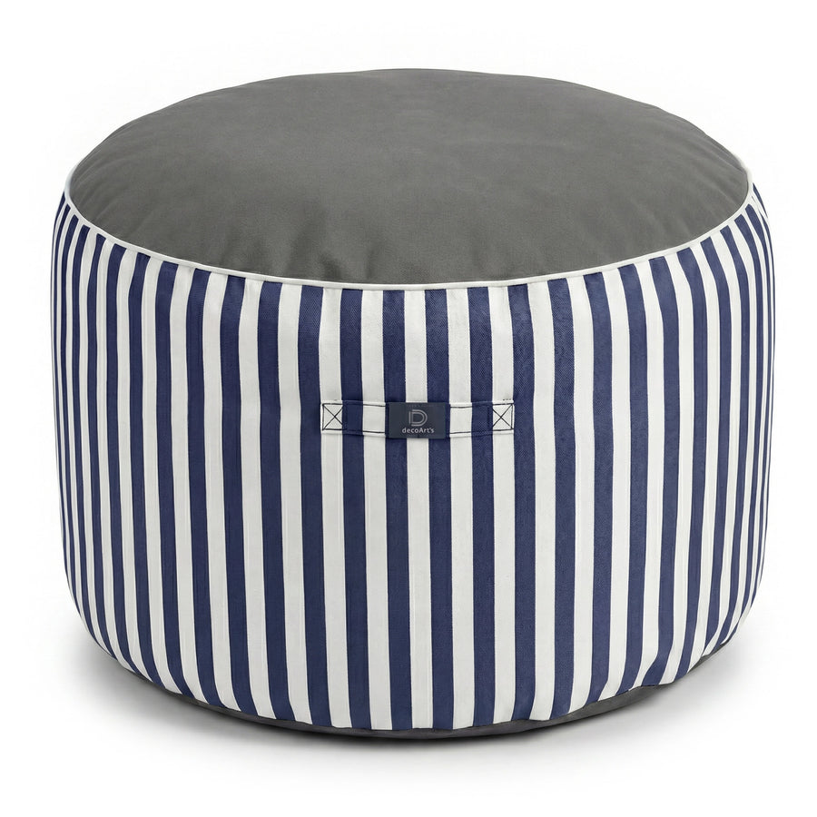Runder Streifenpouf Marineblau, für drinnen und draußen