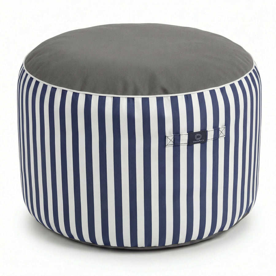 Runder Streifenpouf Marineblau, UV-beständiger und wasserabweisender Stoff