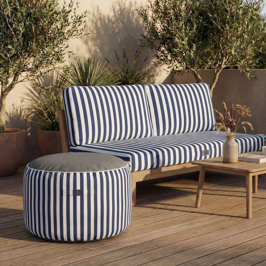 Runder Streifenpouf Marineblau, wasserdicht