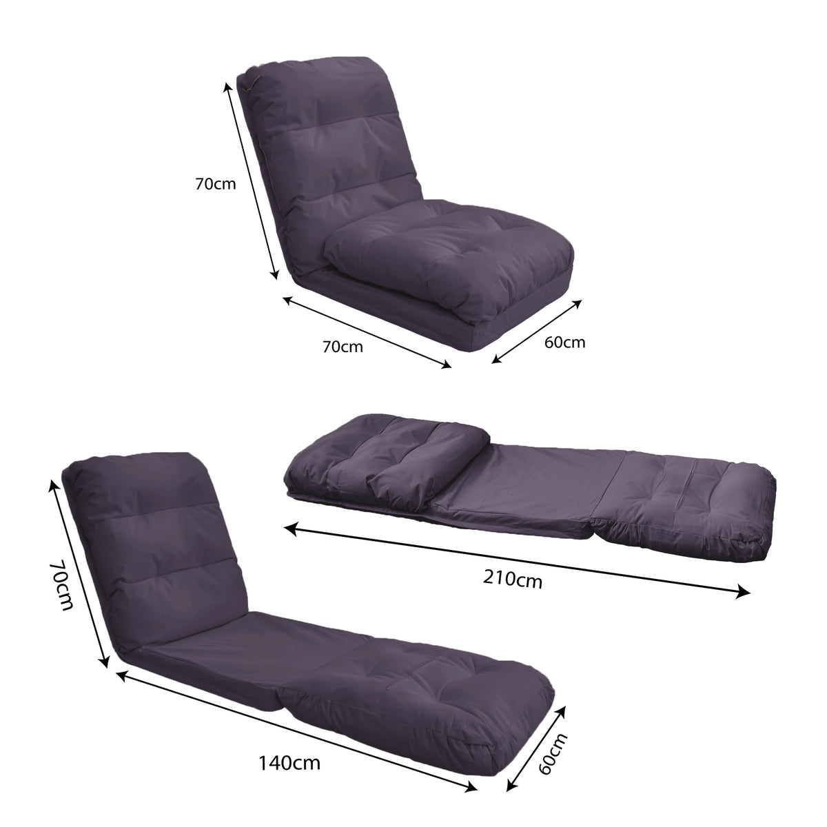 Convertible Floor Chair Dark Grey - 3-in-1 (210x60 Bed) & Adjustable Back – dimension diagram
