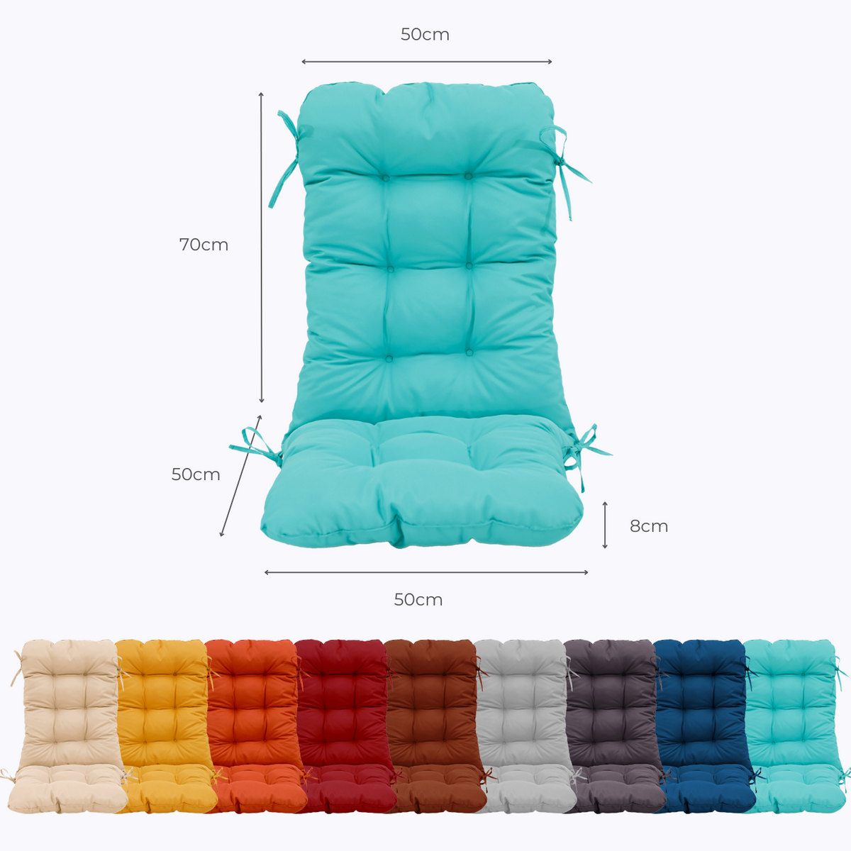 High-Back Chair Cushion 120x50 Caribbean Blue - Tufted (Comfort 8cm) – dimension diagram