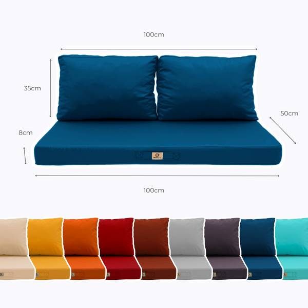 Ensemble de coussins de salon jardin bleu pétrole pour fauteuils et canapés, déhoussables et anti-UV, 100x50 cm.