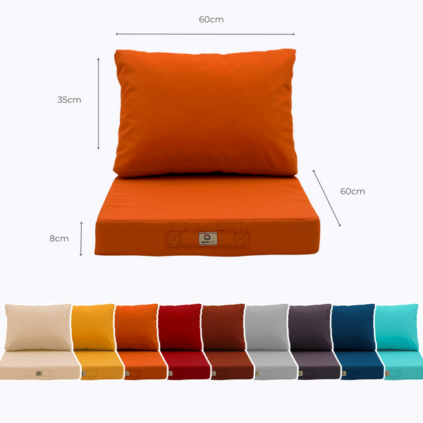 Ensemble de coussins de salon jardin orange 60x60 déhoussables et anti-UV pour fauteuils et canapés, style moderne.
