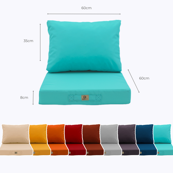 Ensemble de coussins de salon de jardin 60x60 cm en tissu bleu Caraïbes, déhoussable et anti-UV, pour fauteuils et canapés.