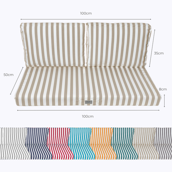 Ensemble de coussins de salon jardin rayé beige, comprenant un coussin d'assise et deux coussins de dossier, en tissu 270g.