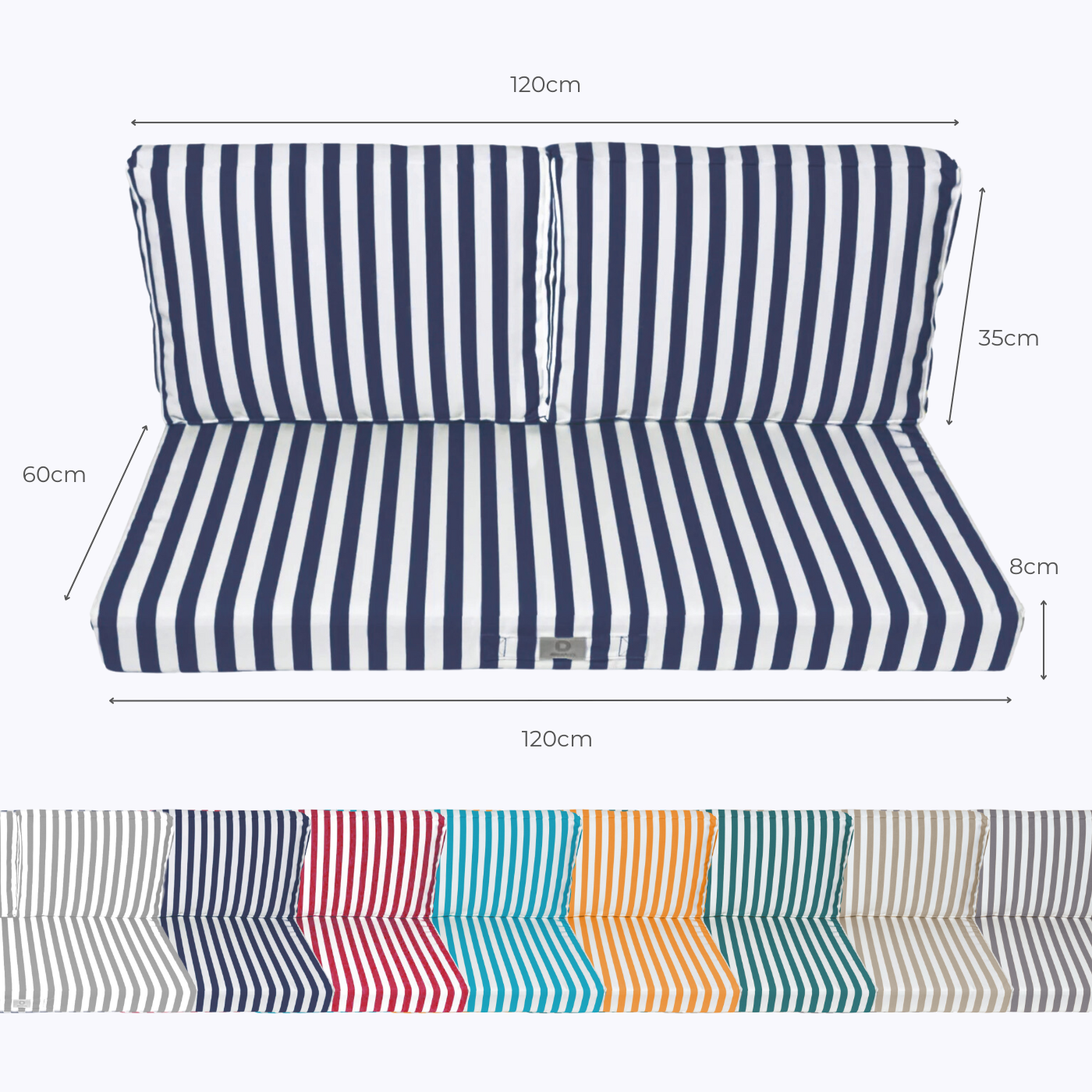 Coussins pour salon de jardin déhoussable 120x60cm - Rayure bleu marine - Déco Arts