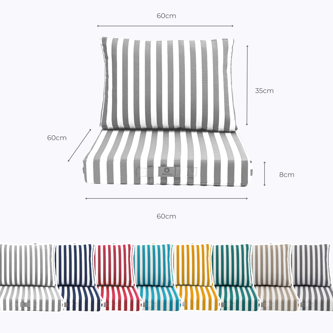 Coussins pour salon de jardin déhoussable 60x60cm - Rayure gris clair - Déco Arts