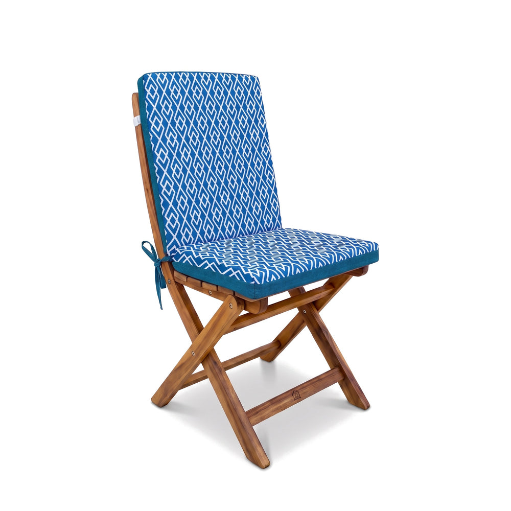 High-back chair cushion, Green Geometric Pattern, fitted on a wooden folding chair