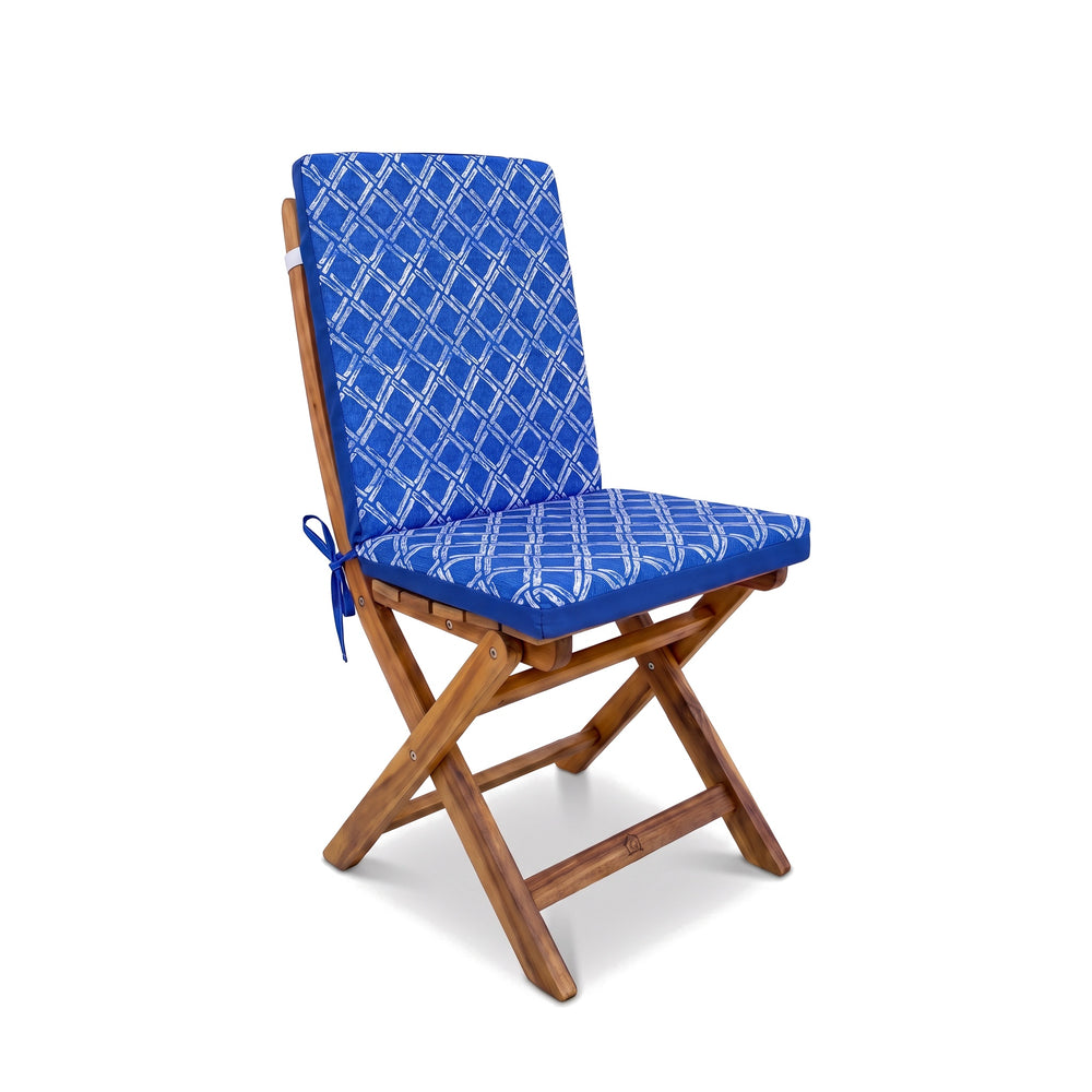 High-back chair cushion, Blue Nautical Pattern, fitted on a wooden folding chair