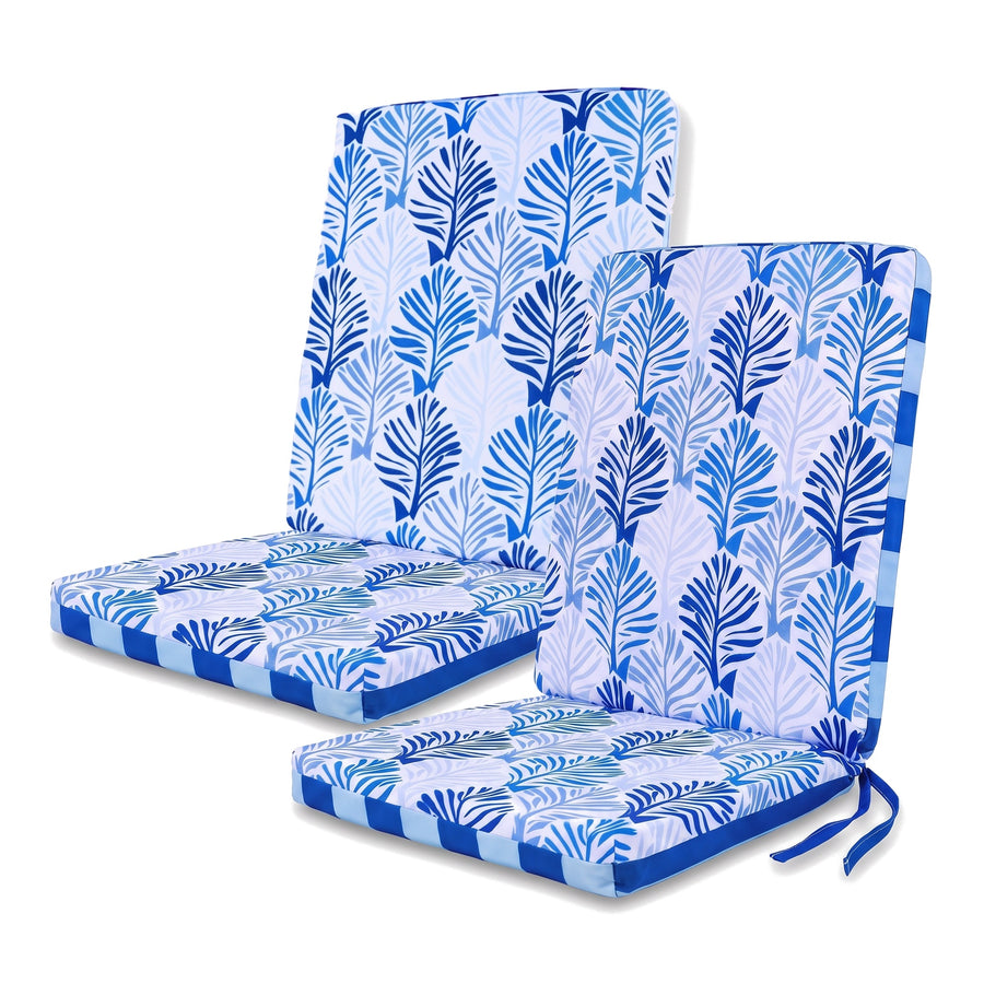 2er-Set Hochlehner-Stuhlauflagen 95x40, Blaues Blättermuster