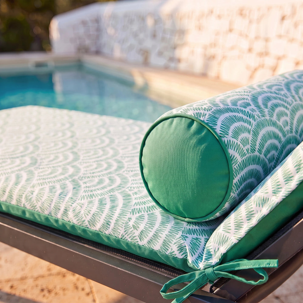 45x18 bolster, Green Fans Pattern, on the sun lounger mattress