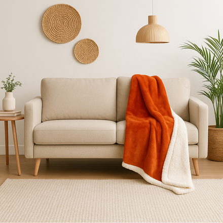 Plaid Sherpa Flanelle 150x200 Terracotta - Double Face Épais 480g/m² (Spécial Canapé)