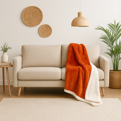 Plaid Sherpa Flanelle 150x200 Terracotta - Double Face Épais 480g/m² (Spécial Canapé)