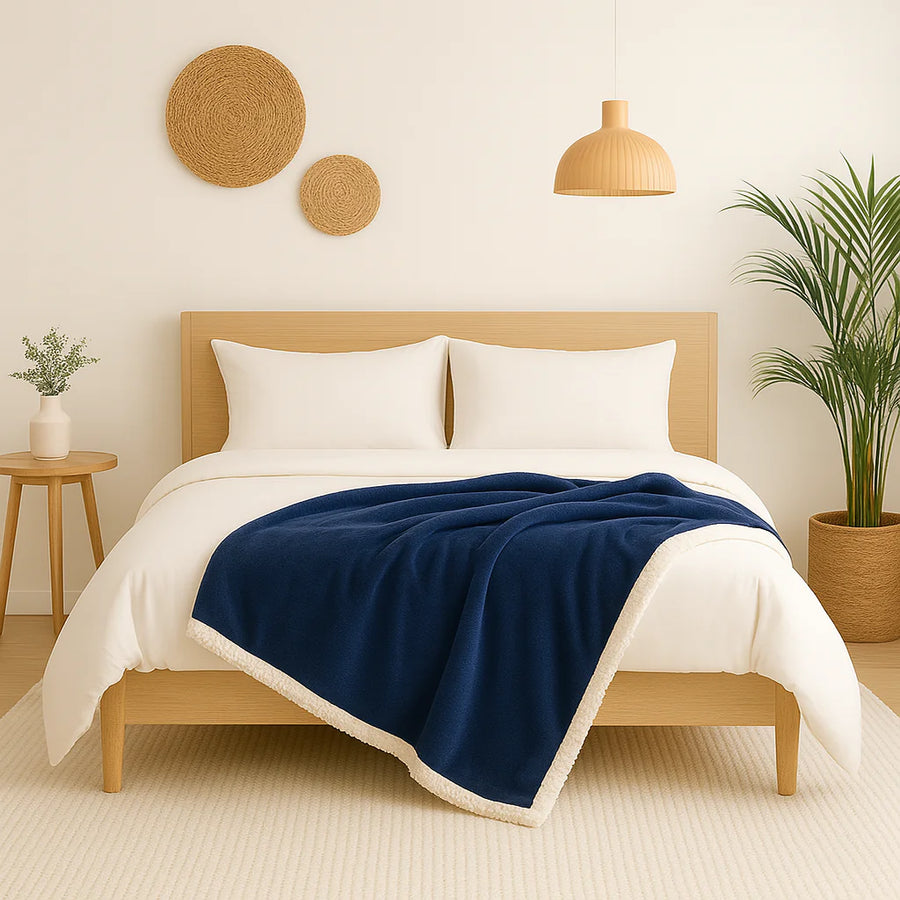 Plaid Sherpa Flanelle 150x200 Bleu Marine, pour l'intérieur
