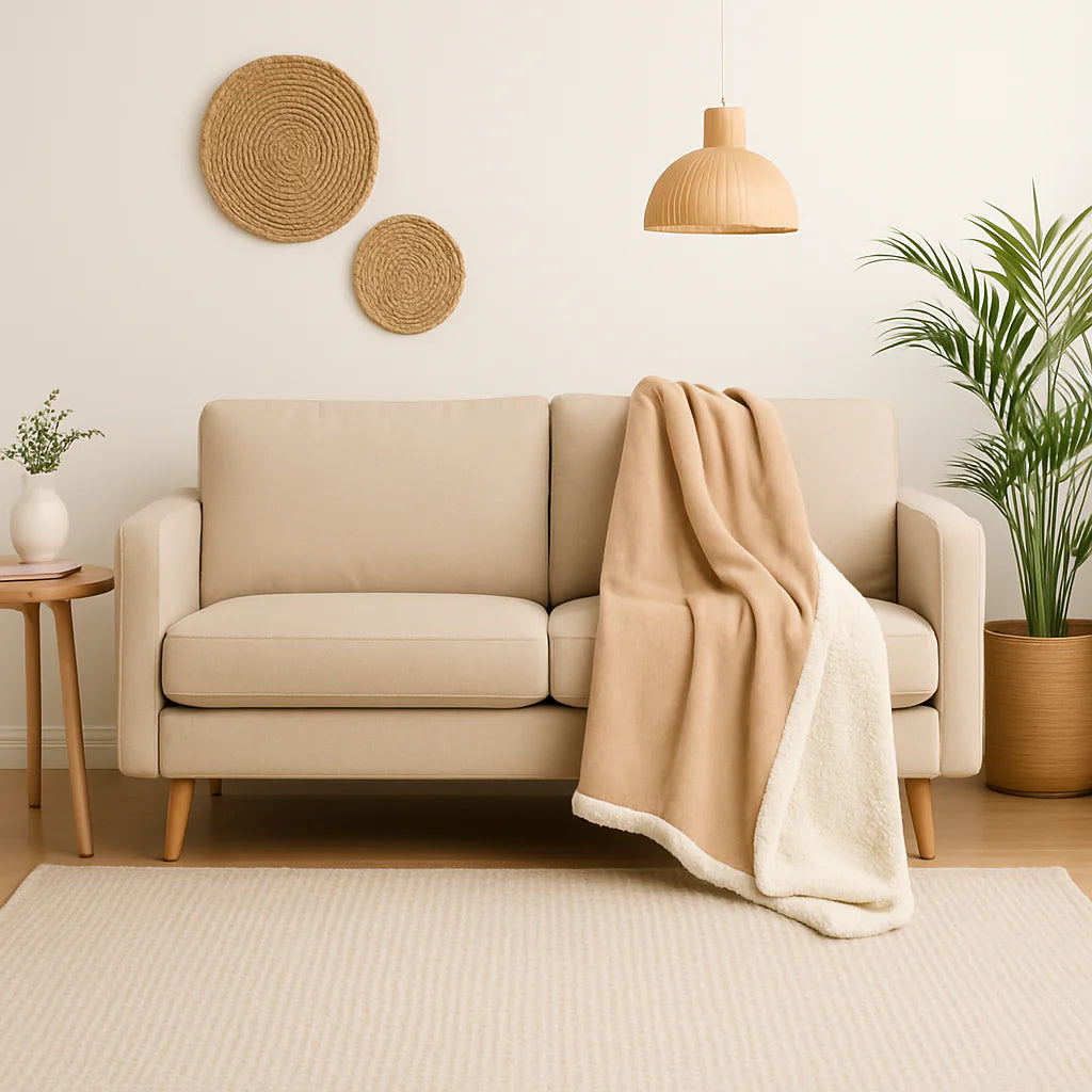 Sherpa Flannel Throw 150x200 Beige – Double-Sided Thick 480g/m² (Sofa Special)