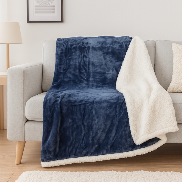 Plaid Sherpa Flanelle 480GSM 200x240 Bleu Marine DECO ARTS - Deco-arts.fr