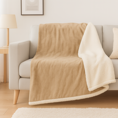 Plaid Sherpa Flanelle XXL 200x240 Beige - Couvre-Lit Épais 480g/m² (Taille Couple)