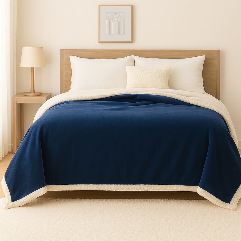 XXL-Sherpa-Flanelldecke 200x240 Marineblau - Dicke Tagesdecke 480g/m² (Paargröße)