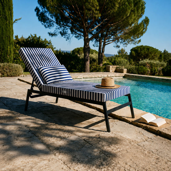 Matelas Transat Premium 190x60 Rayure Bleu Marine - Épais 10cm & Têtière (Déhoussable)