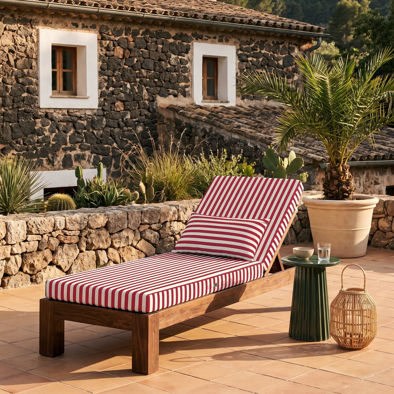 Premium Lounger Cushion 190x60 Red Stripe - Thick 10cm & Headrest (Removable Cover)