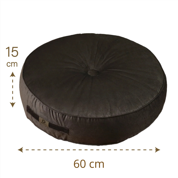 Deux poufs ronds en velours gris foncé de 60 cm de diamètre, confortables avec poignées pour intérieur, par Deco-arts.fr